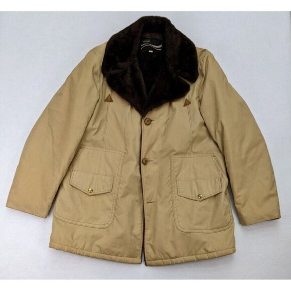 Vintage 70s Men's Coat Montgomery Ward Size 46L Beige Brown Faux Fur Lined - Picture 2 of 16